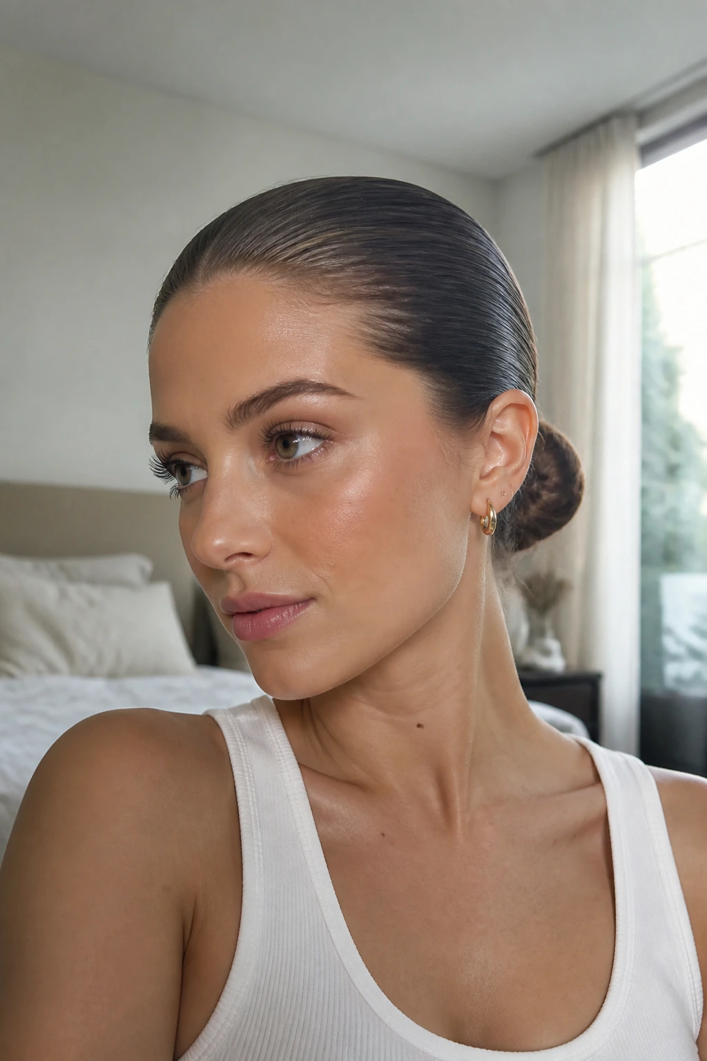 Close-up portrait of a real woman with a sleek low bun at the nape in window light