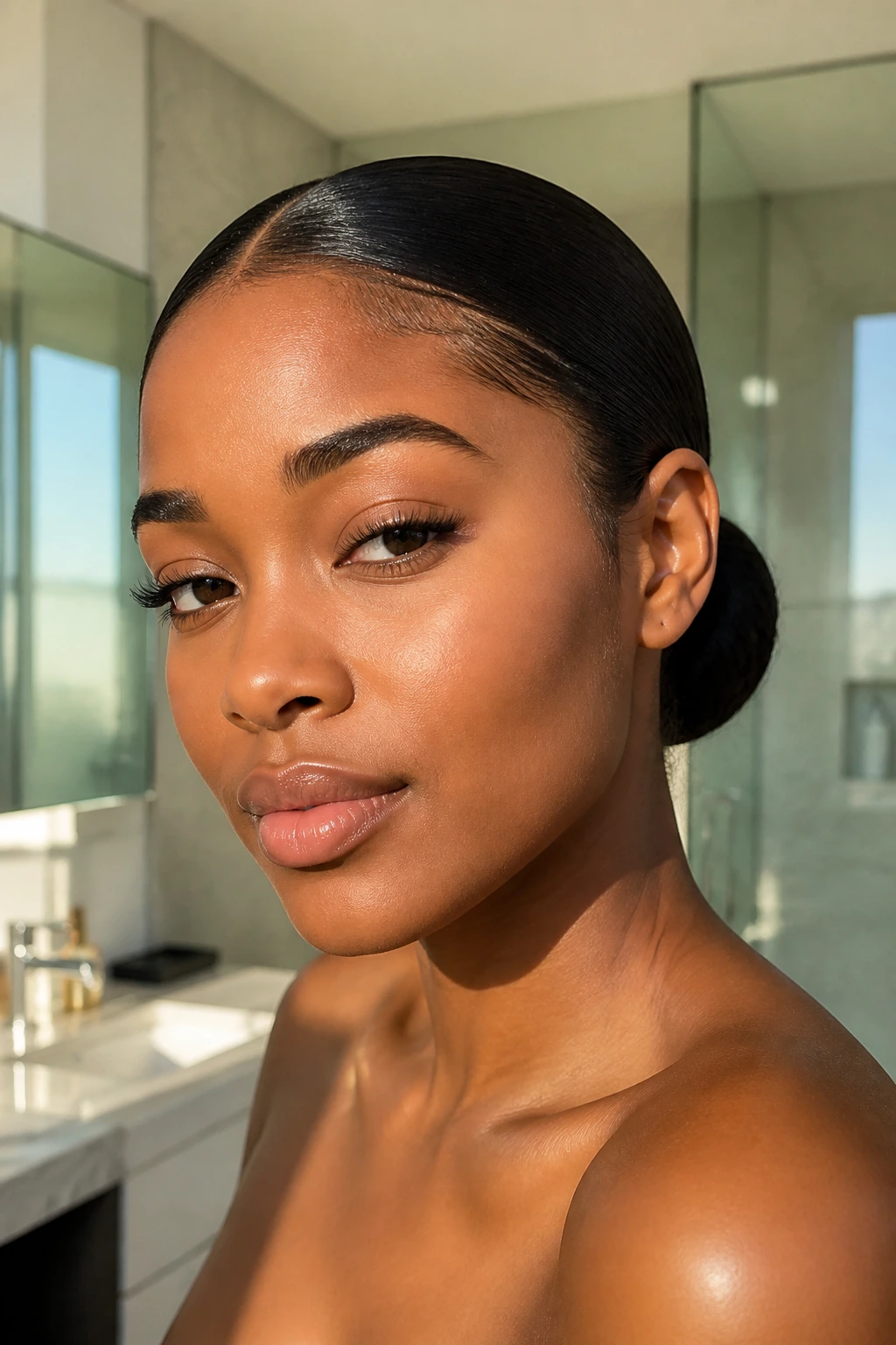 Close-up of a woman with a slicked-back low bun in a bright bathroom