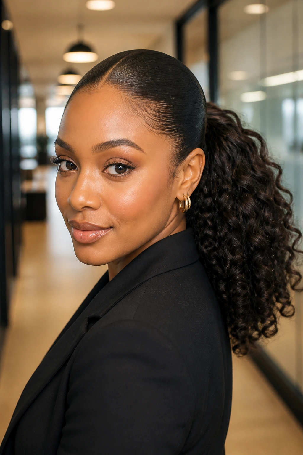 Close-up of a real person with a slicked-back curly ponytail in a modern office.