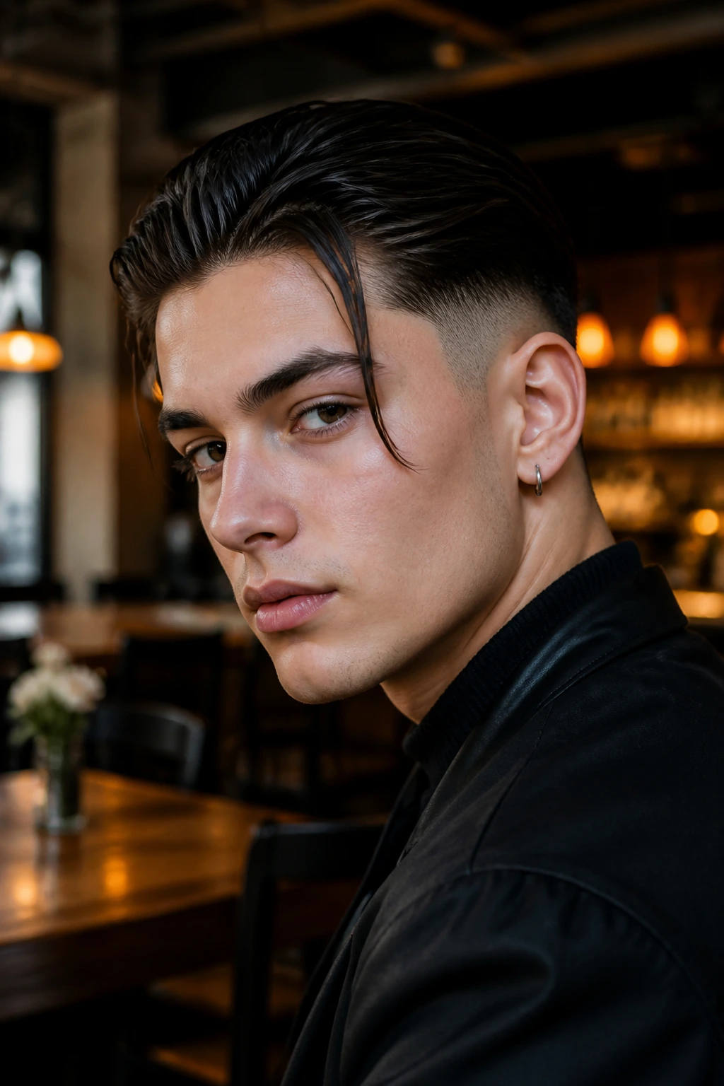 Real person with slicked-back boy cut and long fringe
