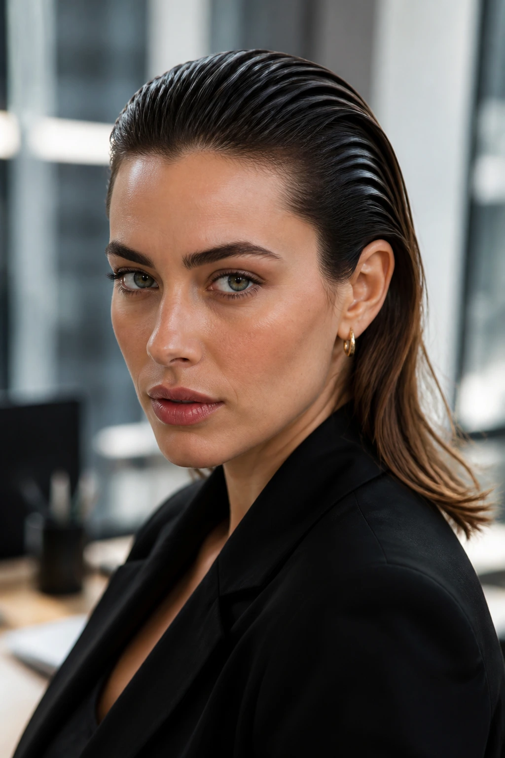 Close-up of a real woman with a slicked-back wet look hairstyle