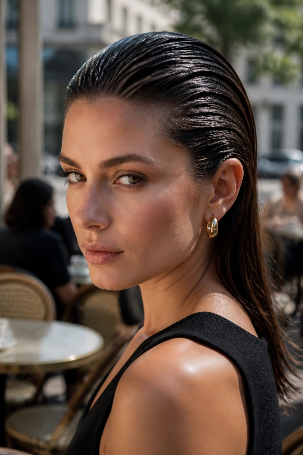 Close-up of a real person with slicked-back wet-look hair in natural daylight