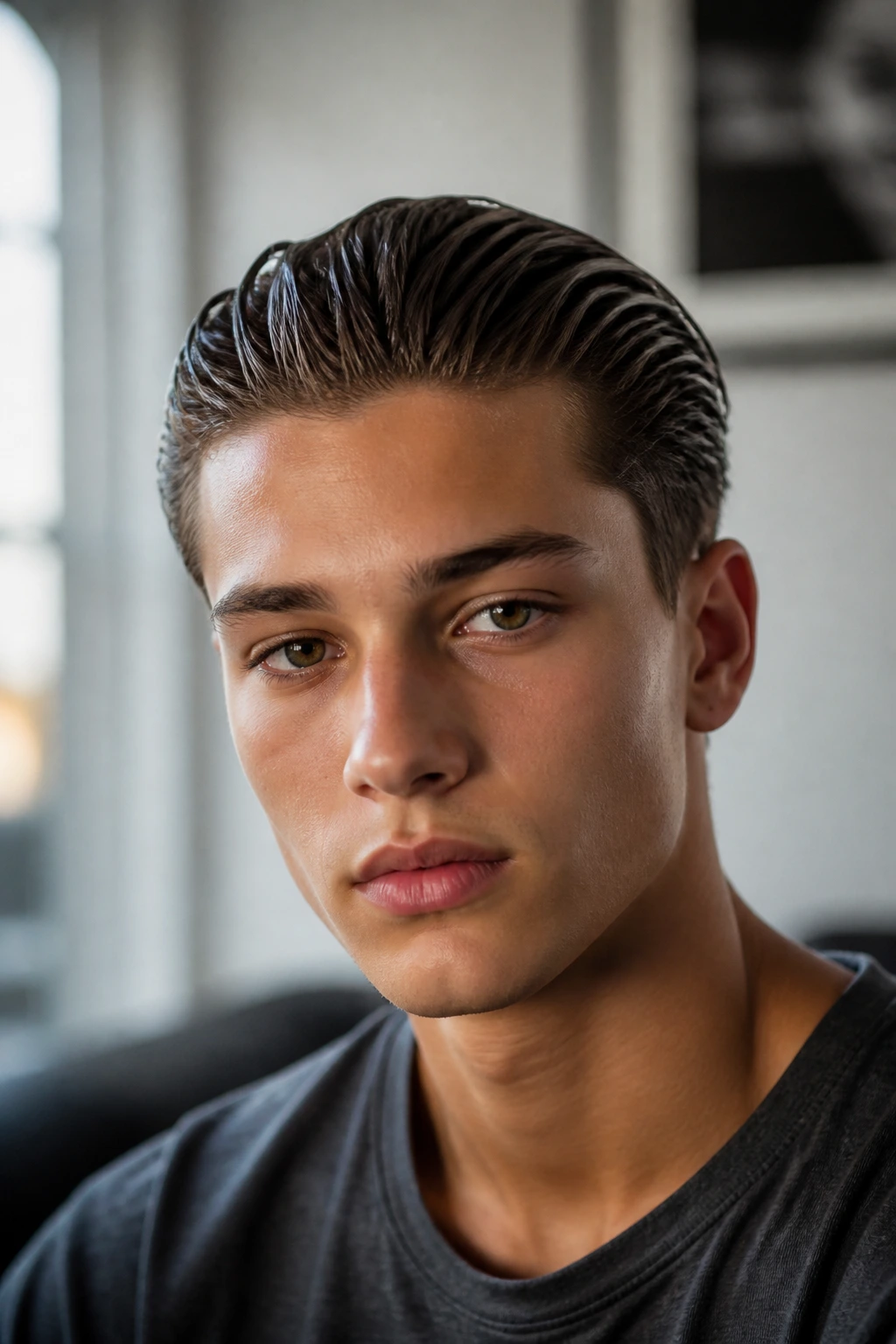 Close-up of teen with slicked-back, glossy hair and a precise, controlled look
