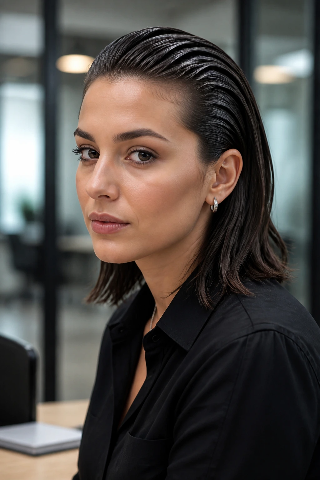 Real person with slicked-back wet-look lob in an office setting