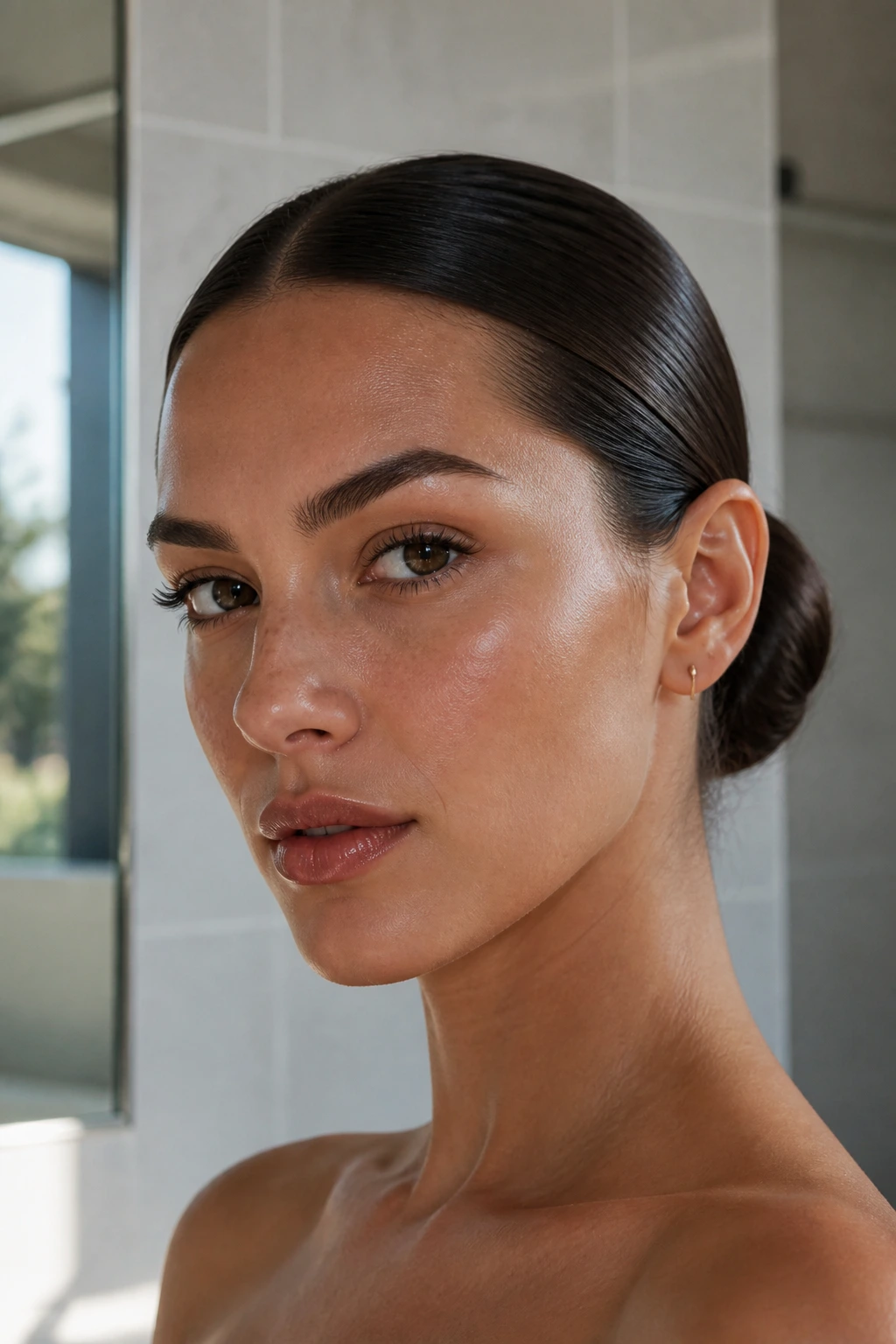 Close-up of a woman with a slicked-back low bun in bright bathroom light
