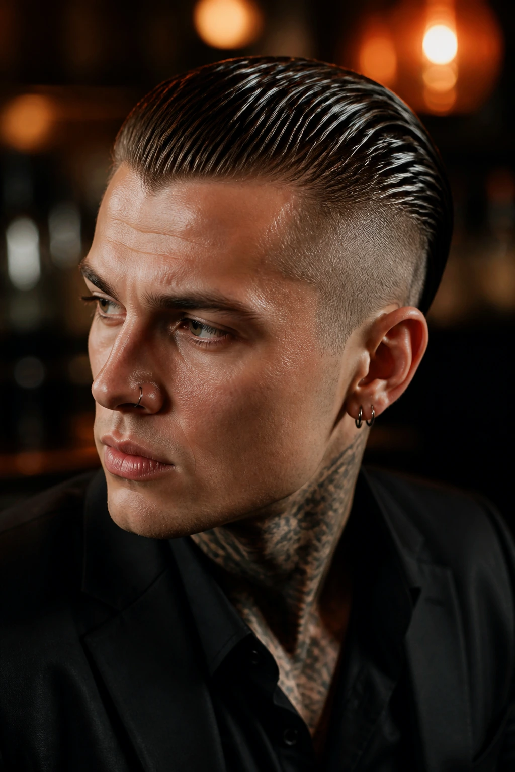 Real person with slicked-back wet-look mohawk in dark lounge lighting