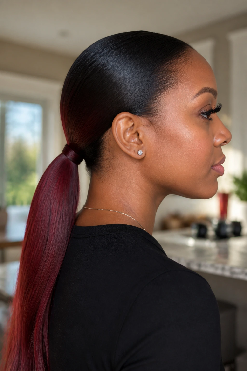 Close-up of a real woman with a slicked-back low pony and red-to-black hair in a kitchen setting.
