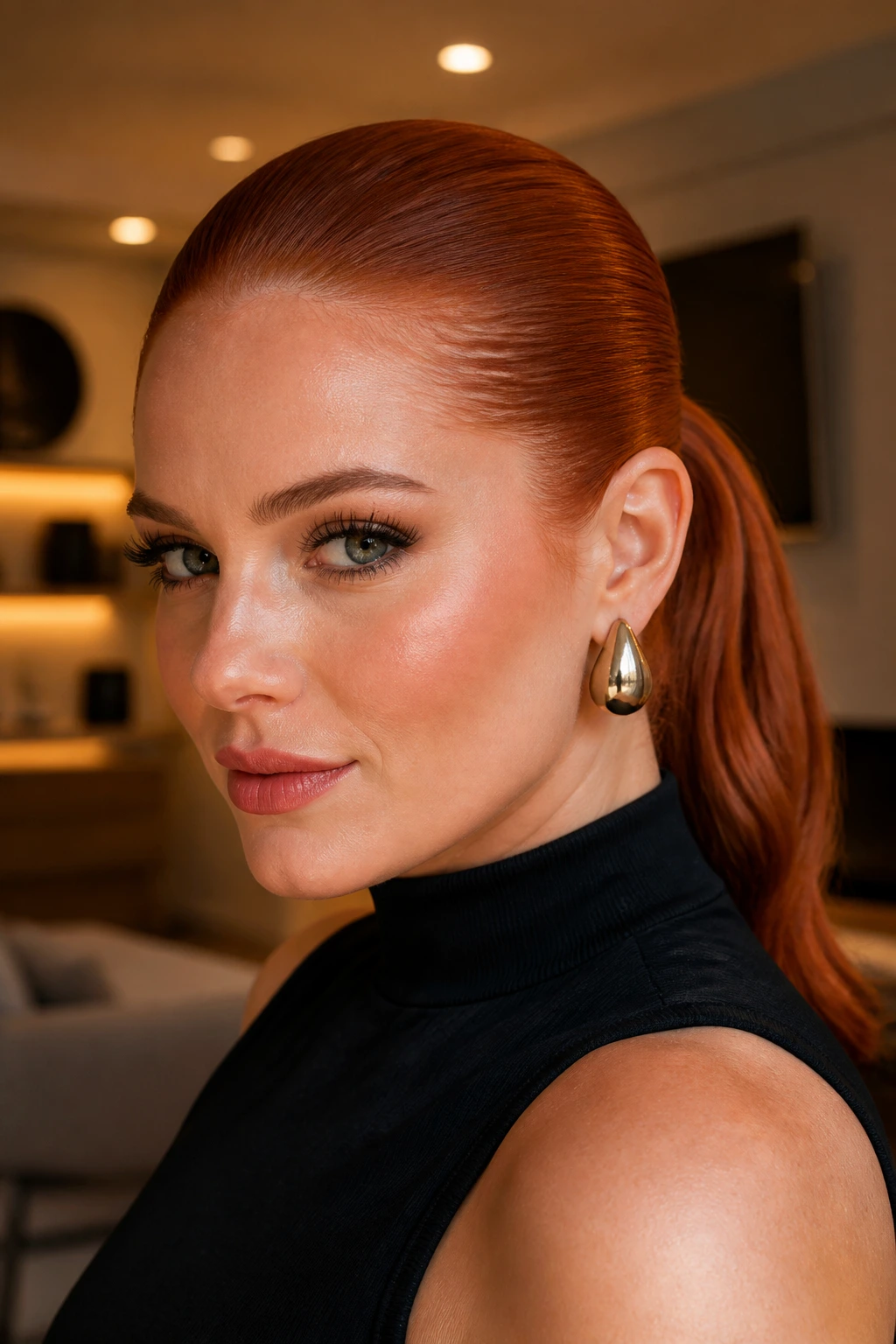 Real woman with a copper slicked-back ponytail in a warm indoor setting