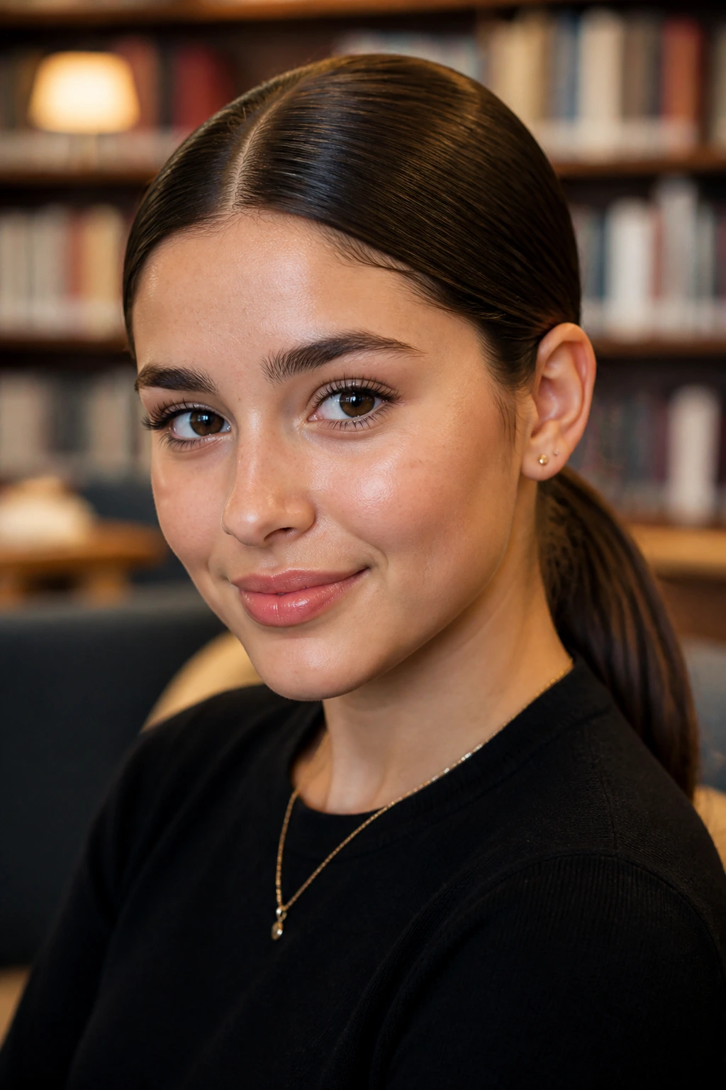 Close-up of a real student with a slicked-back low pony in dark chocolate hair.
