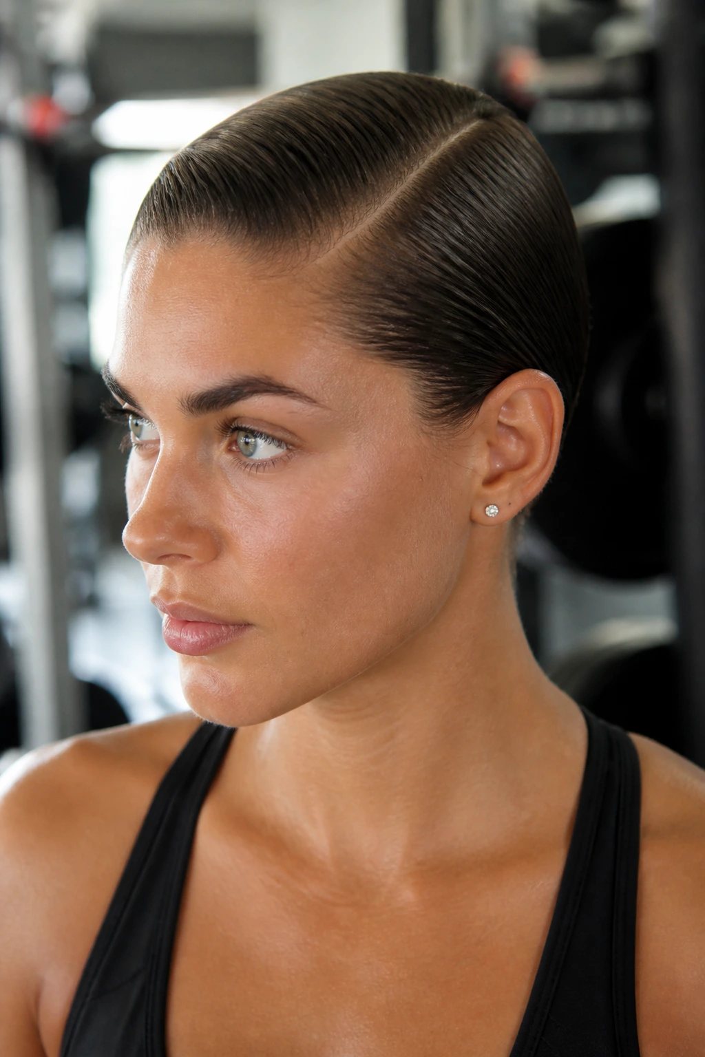 Close-up of a real woman with a slicked-back deep side part during a workout