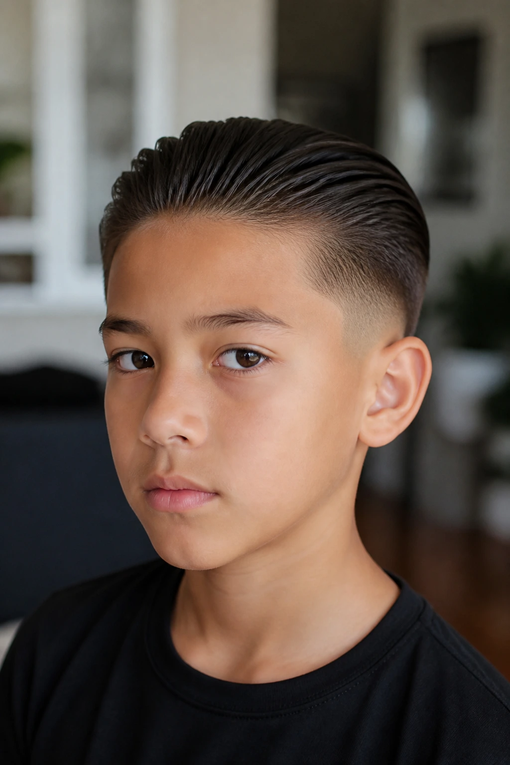 Close-up of a child with slicked-back taper hairstyle in a home setting