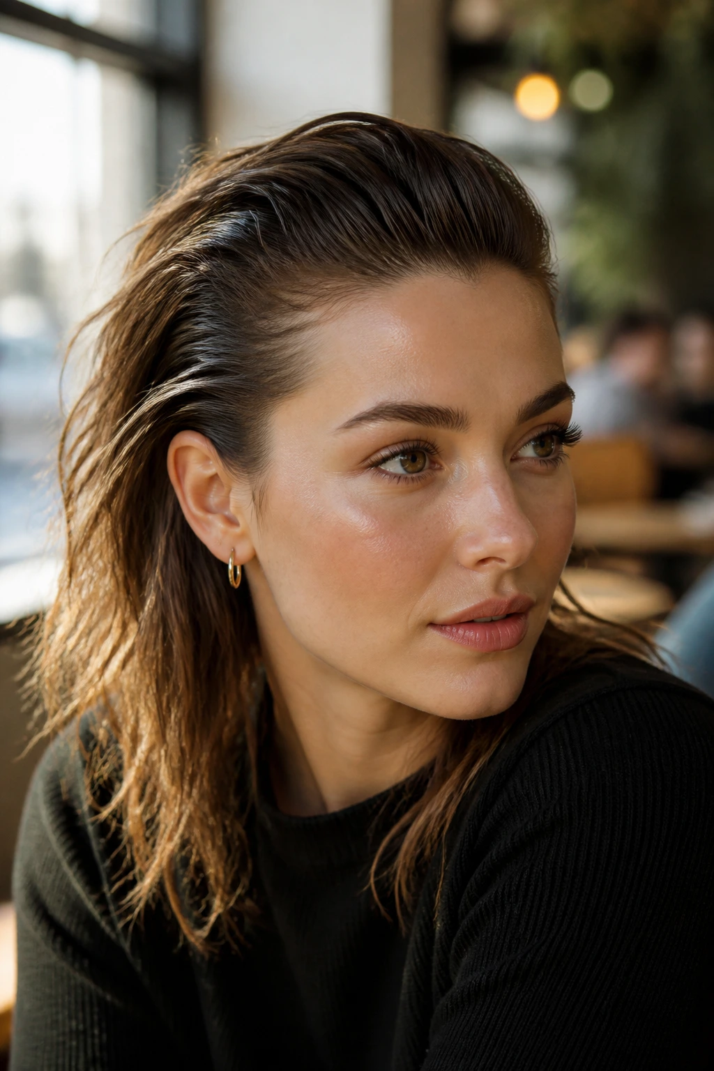 Close-up of a woman with slicked front and textured back for soft volume
