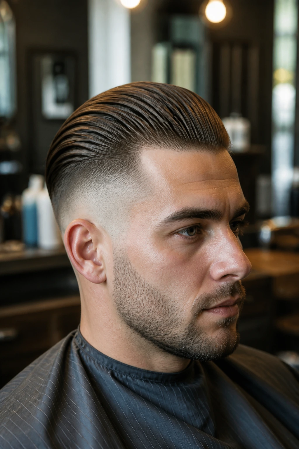 Close-up portrait of a man with a classic slicked-back undercut in a barber shop