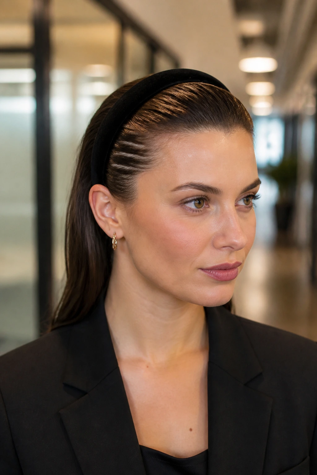 Close-up of a real woman with a slicked-back wet look and matte black velvet headband in an office
