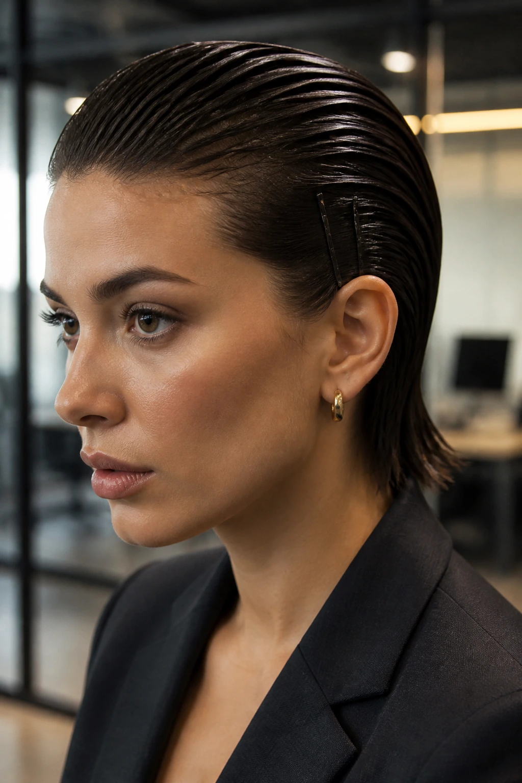 Close-up portrait of a woman with a slicked-back wet look and minimalist bobby pins in a modern office