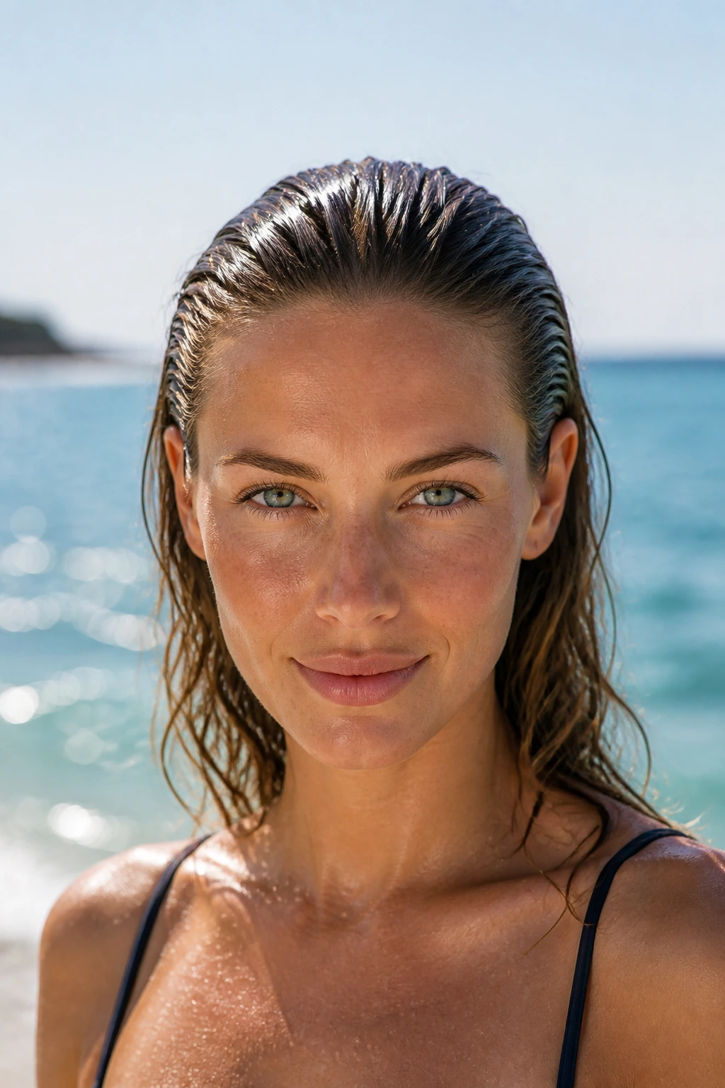 Front portrait of a woman with a slicked-back wet look at the beach