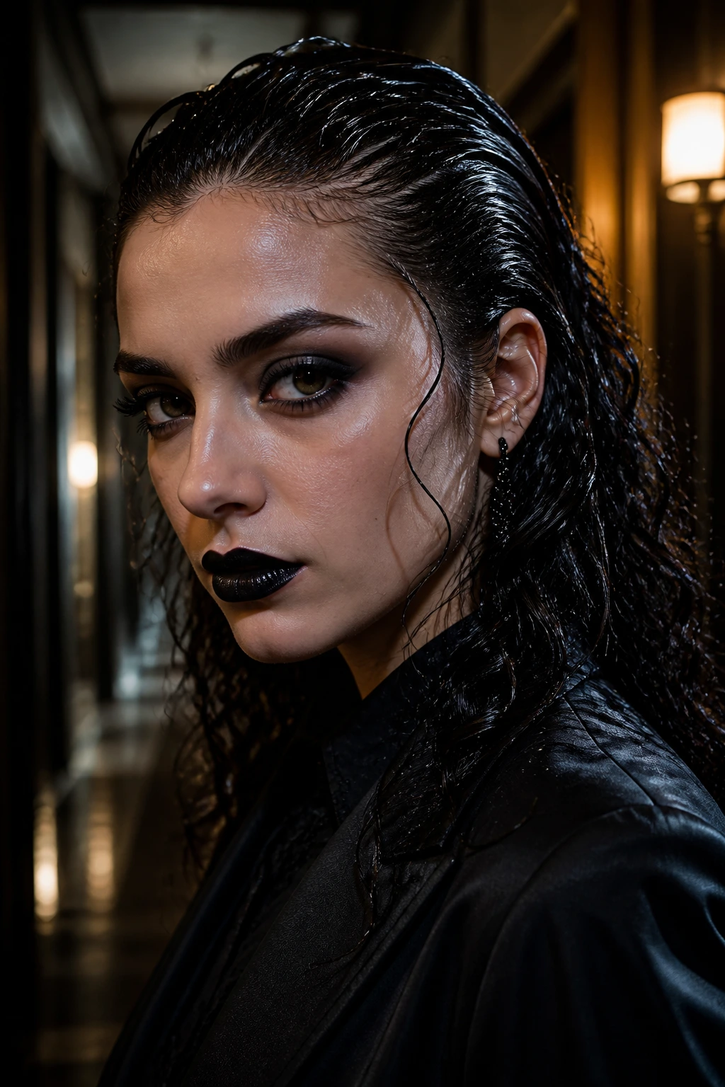 Portrait of a person with slicked-back wet-look curls