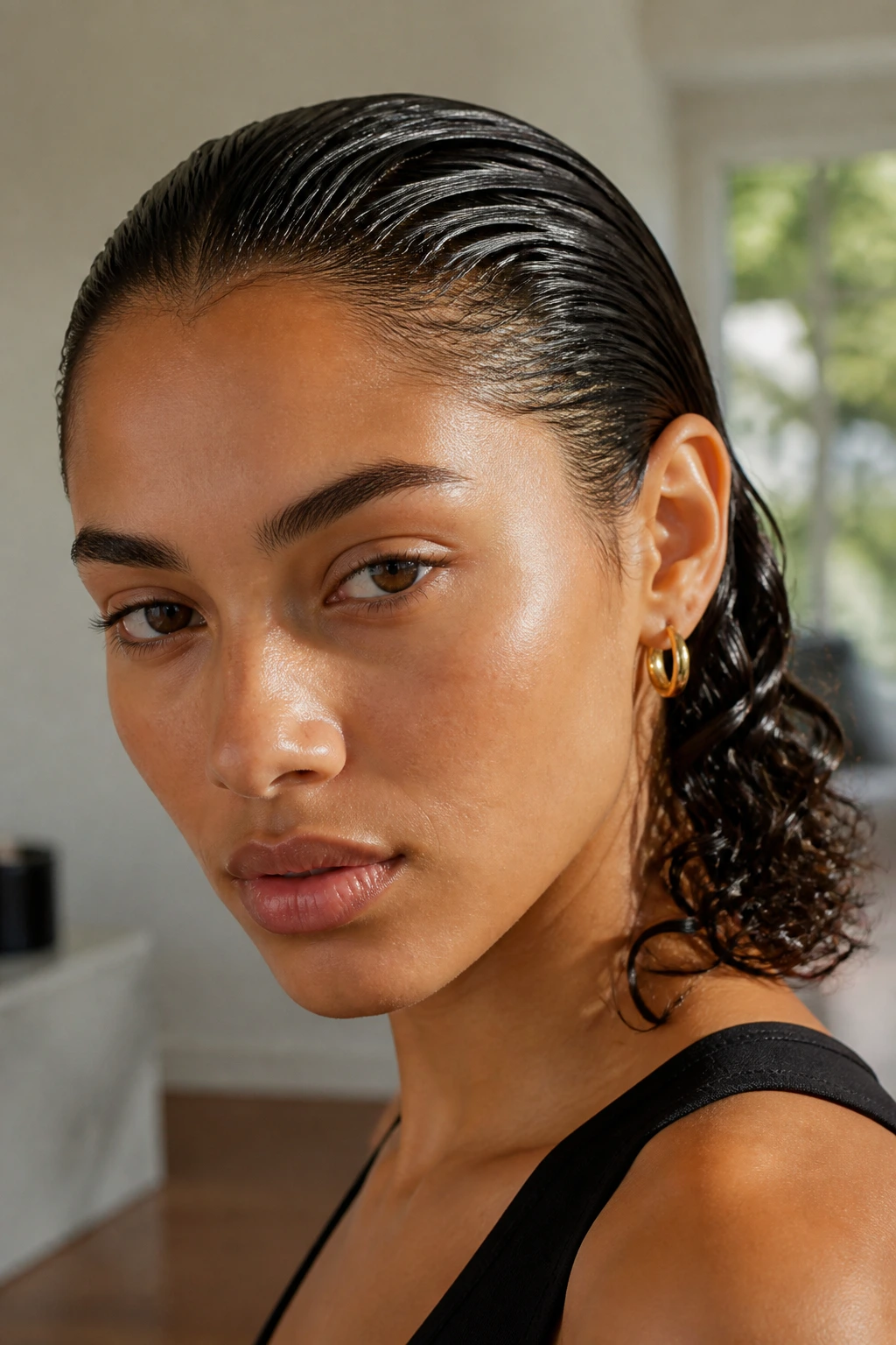 Real person with slicked-back wet look curls