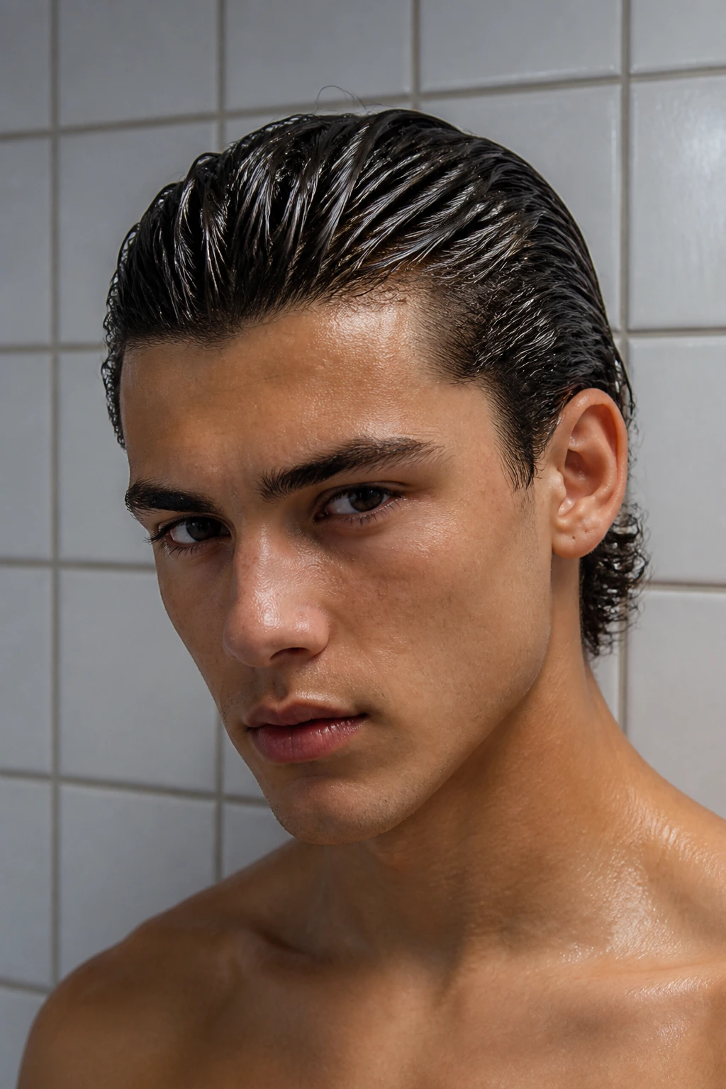 Close-up of a real person with a glossy slicked-back wet look hairstyle in a bathroom setting