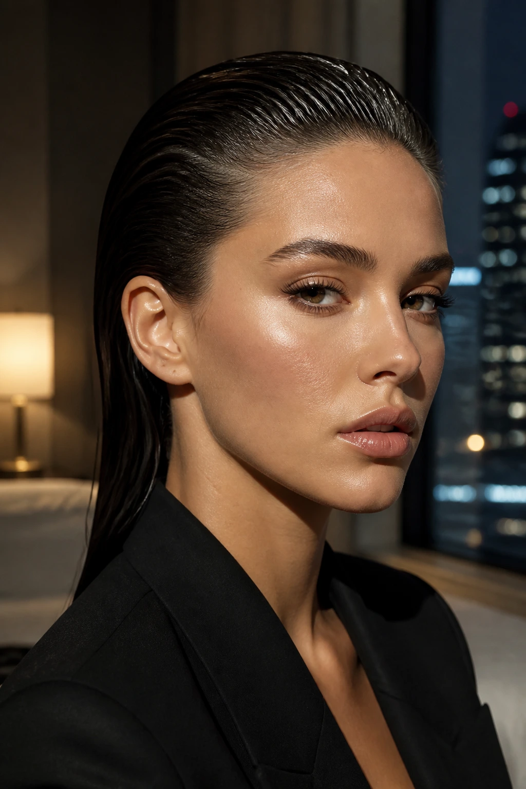 Close-up of a real person with a slicked-back wet look on dry hair.