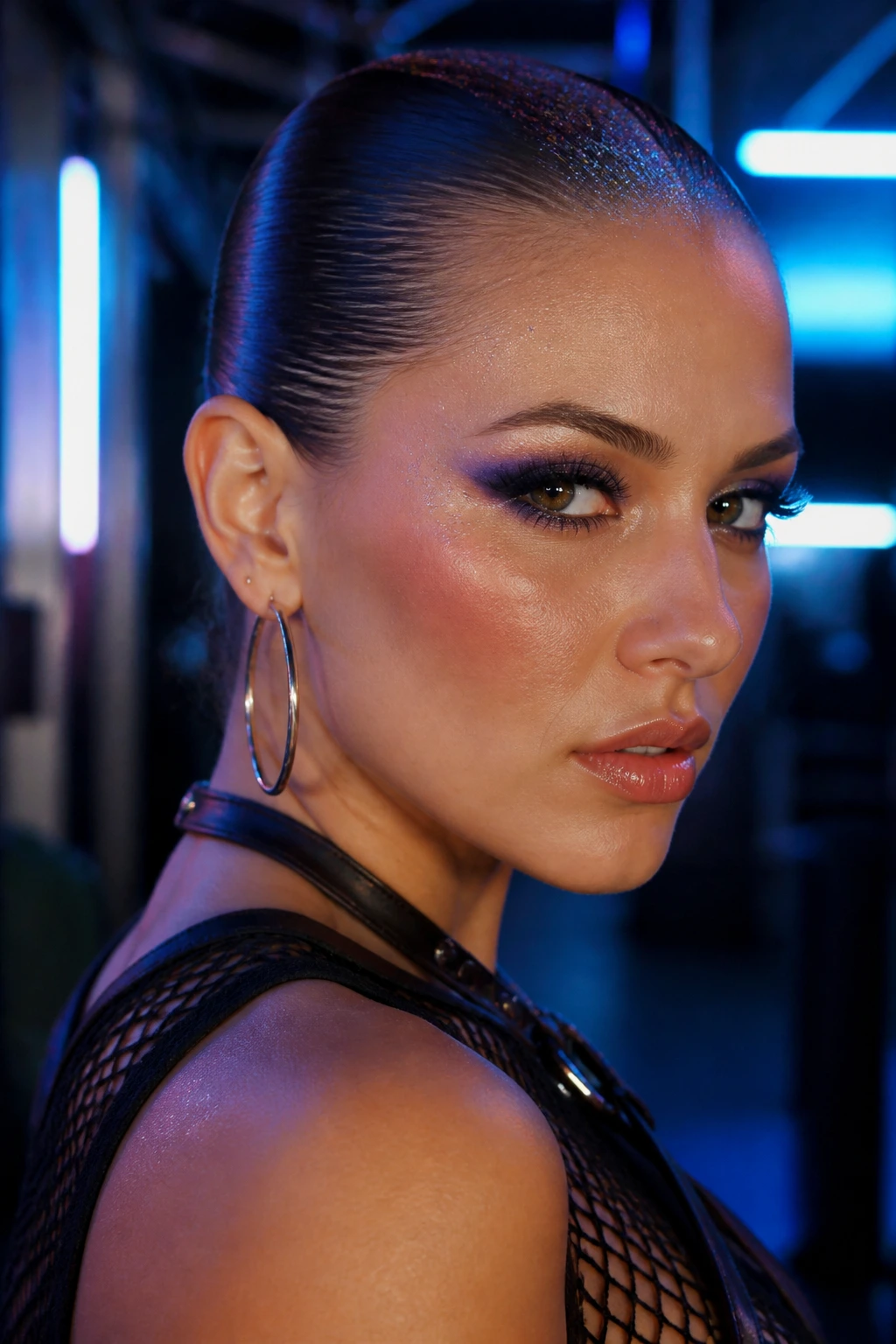 Real person with a glossy wet-look slicked-back hairstyle
