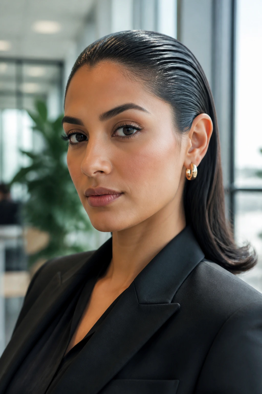 Close-up of a real woman with a slicked-back wet-look in an office.