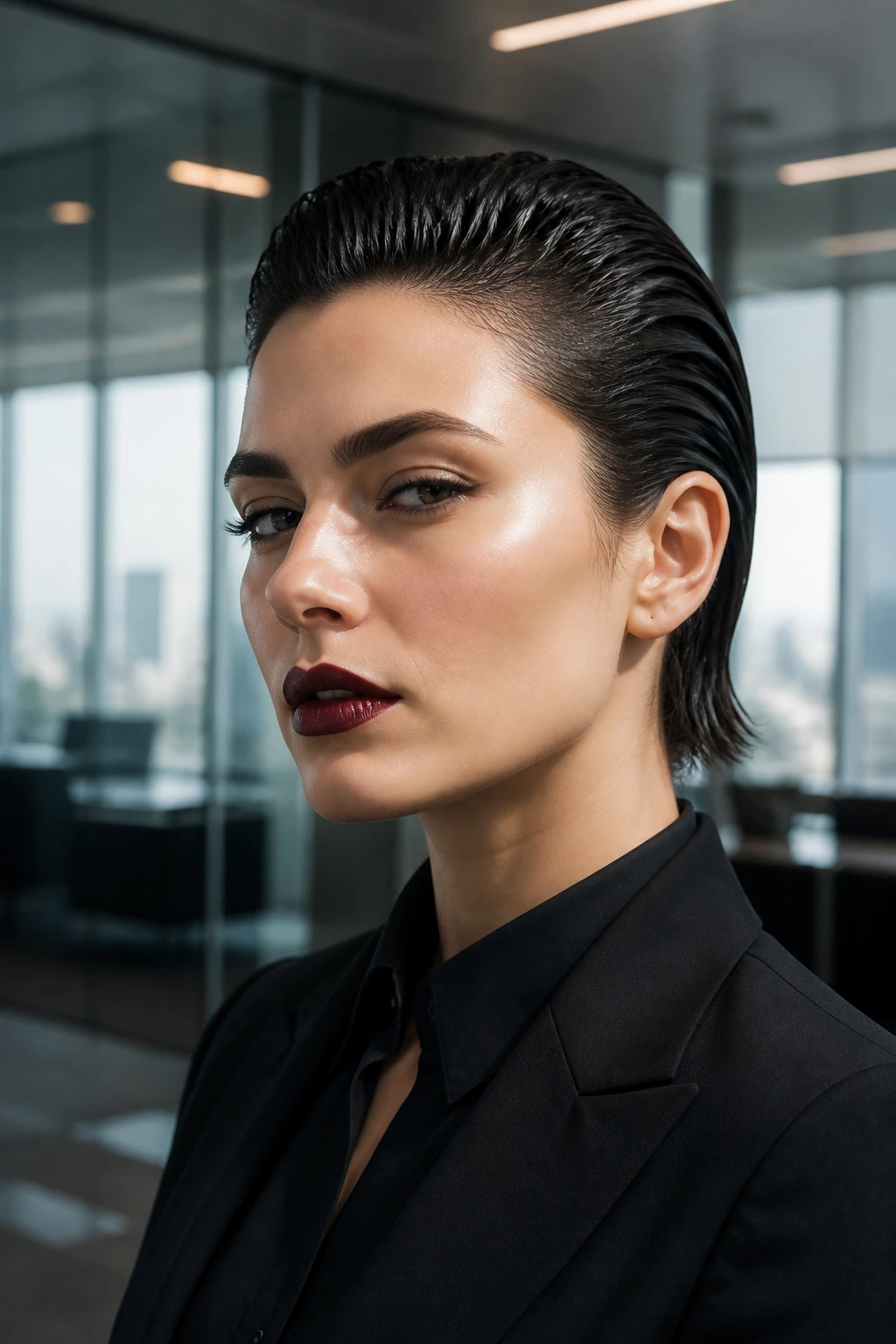 Close-up portrait of a real person with slicked-back wet-look hairstyle in a modern office
