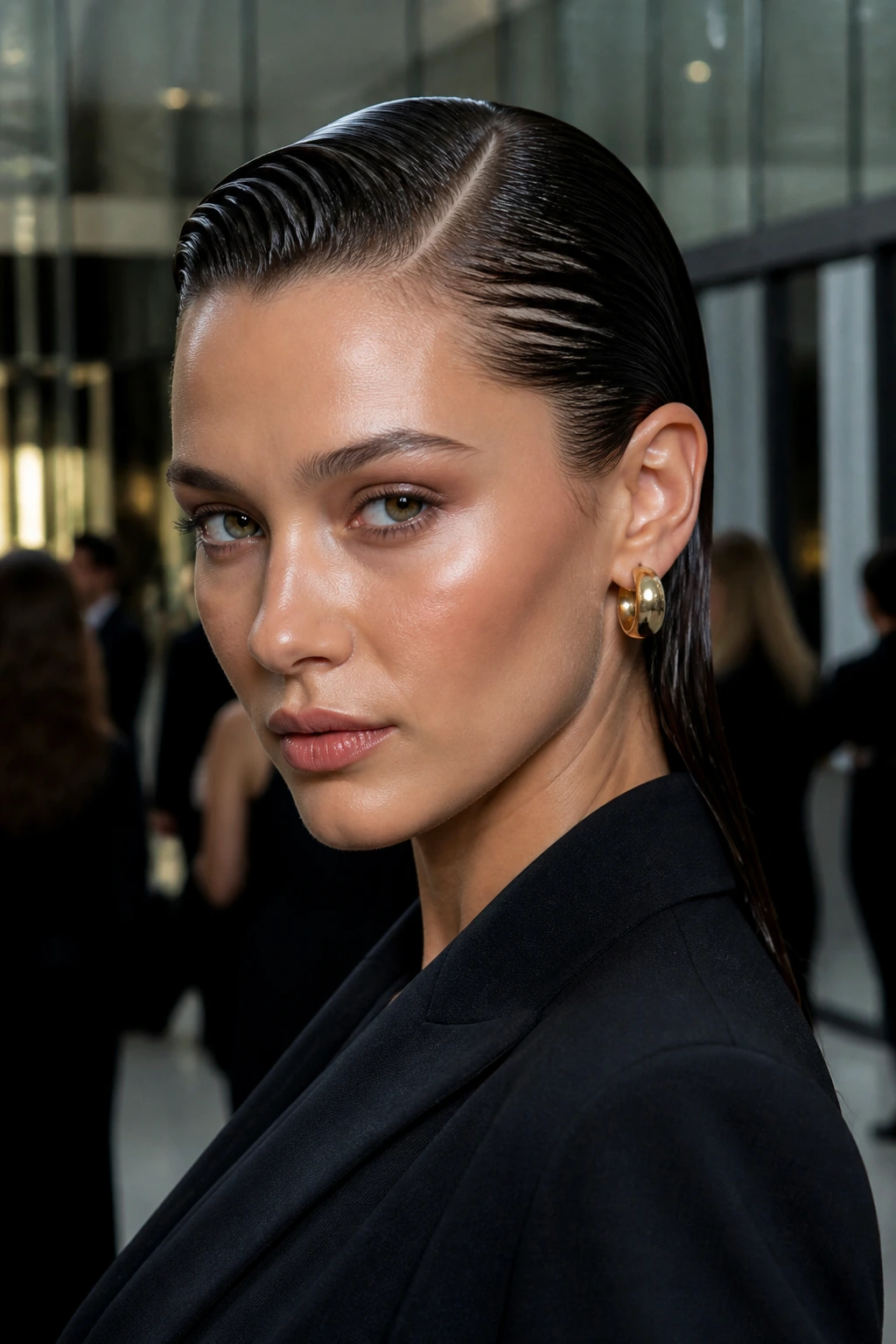 Close-up portrait of a real person with a slicked-back wet look hairstyle
