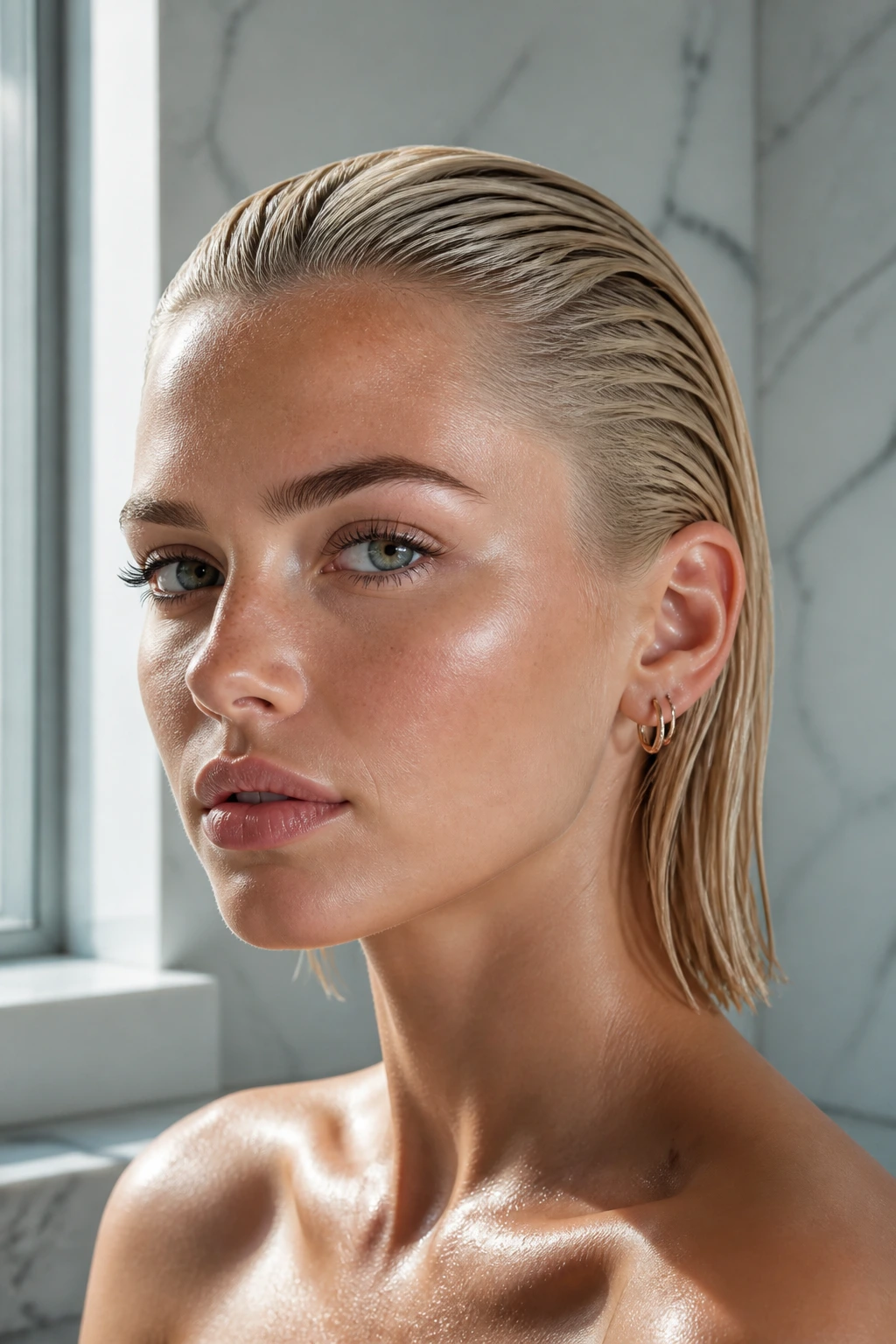 Close-up of a real woman with slicked-back wet-look blonde hair