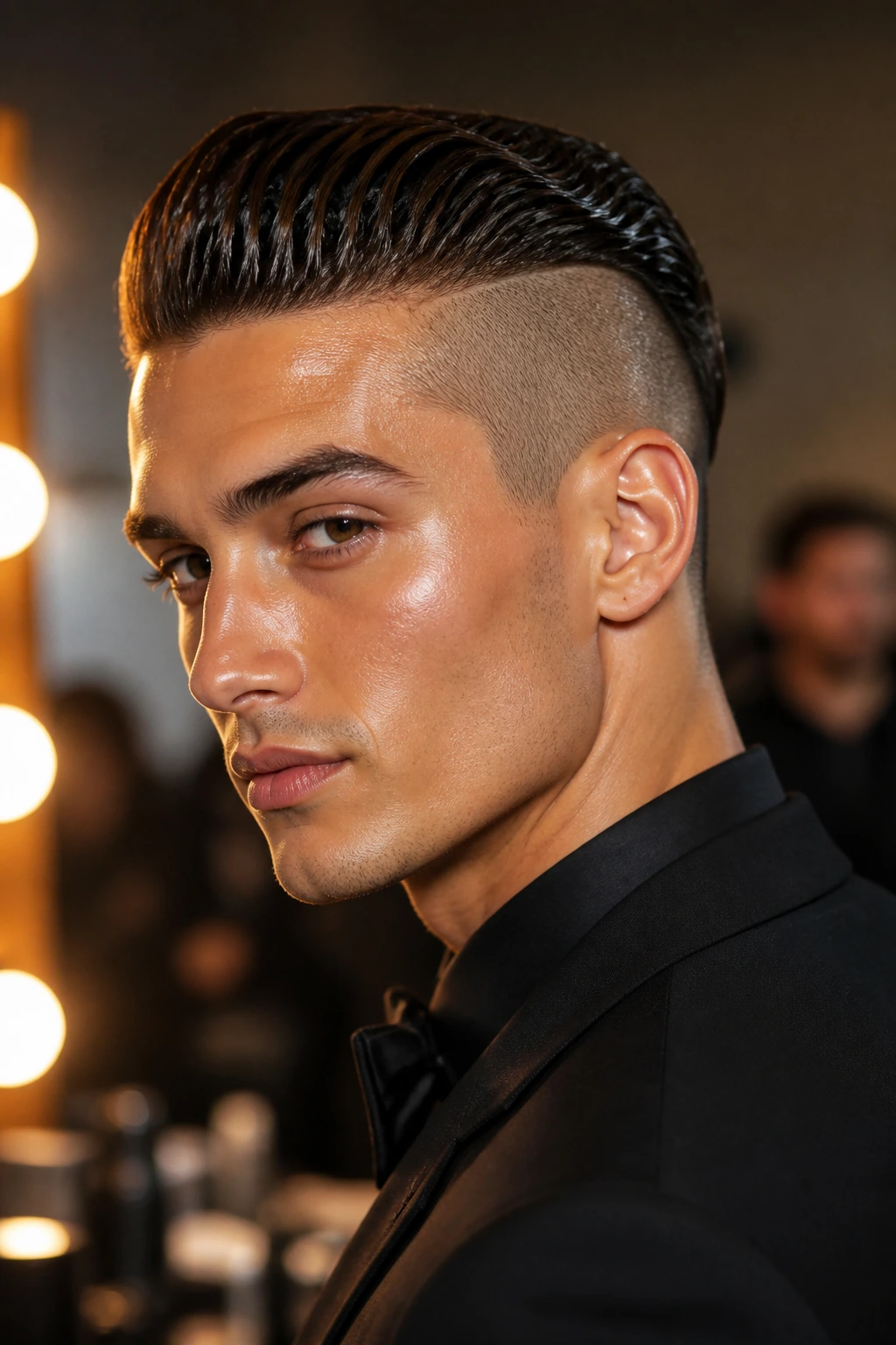 Close-up portrait of a real person with shaved side undercut and glossy slicked-back wet look