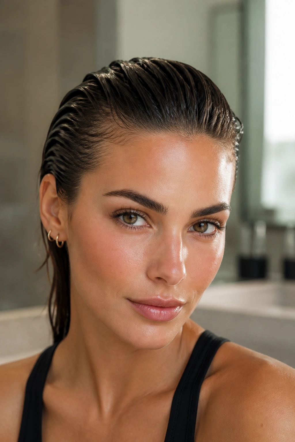 Close-up of a real woman with a slicked-back wet-look front in a bathroom setting
