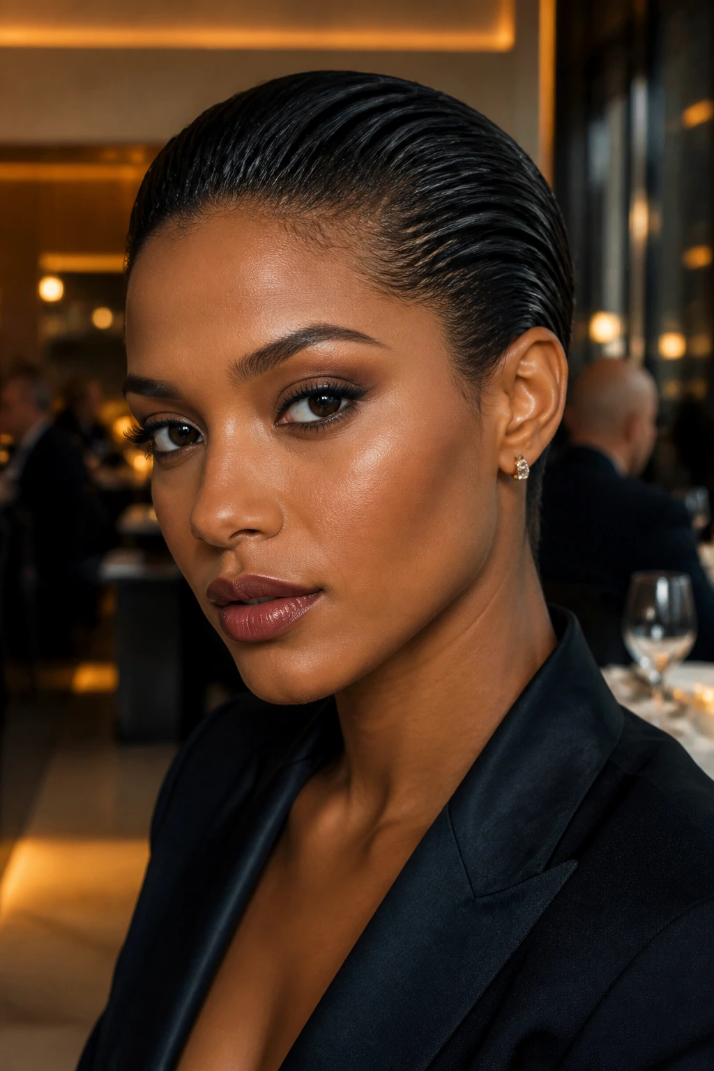Close-up of a real person with a slicked-back wet look in a chic restaurant
