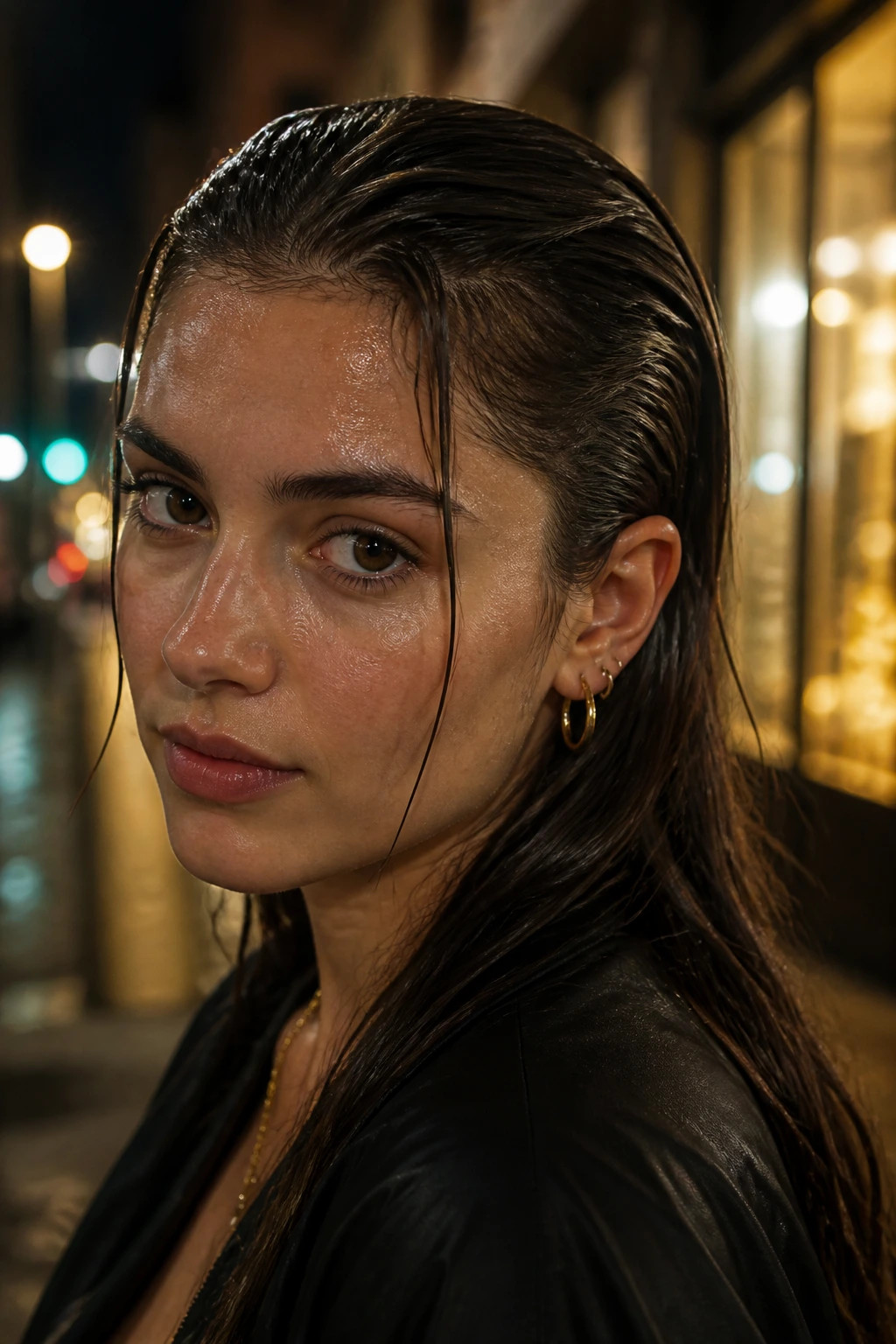 Close-up portrait of a real person with slicked-back wet-look hair under city lights