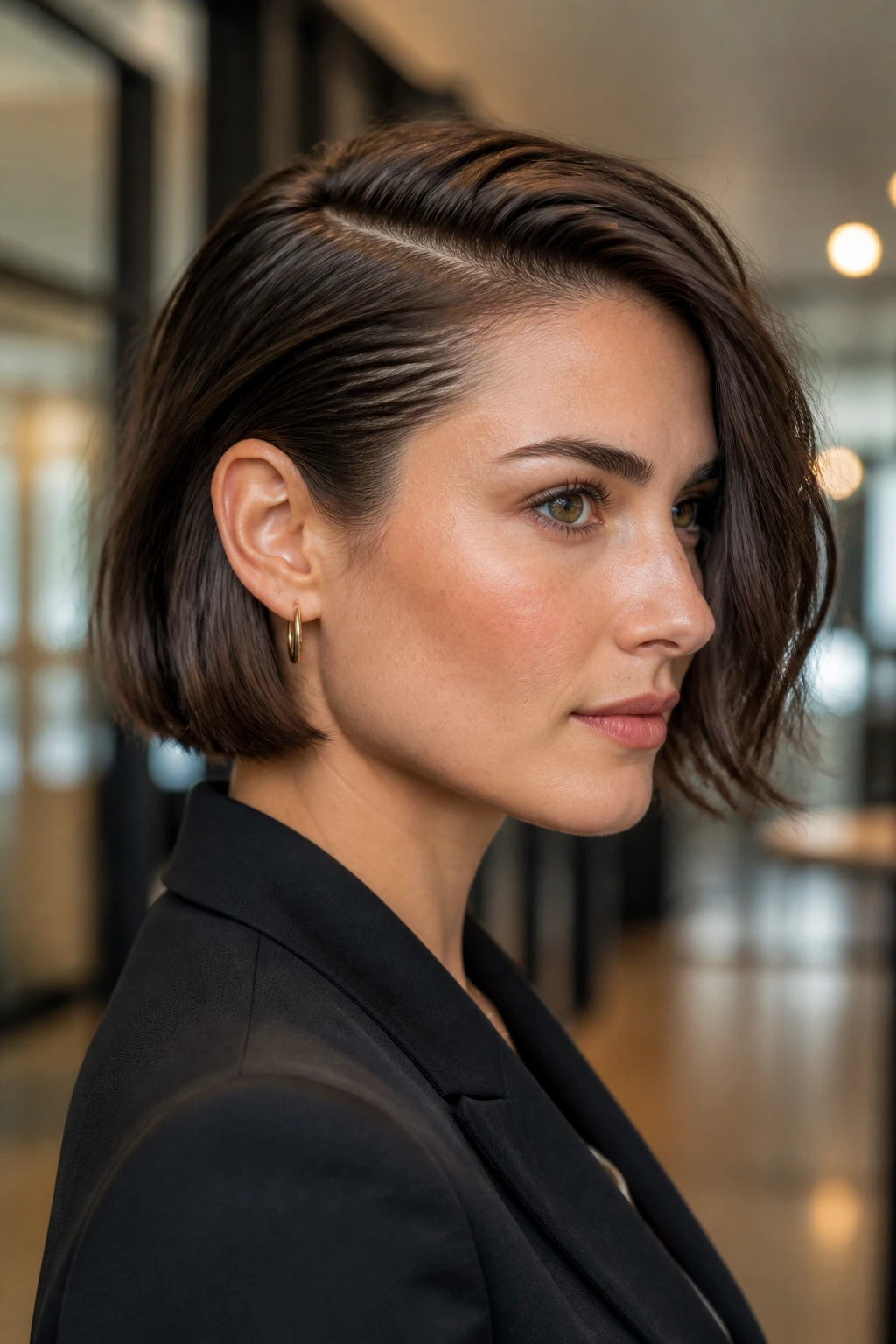 Portrait of a real woman with a slicked-side tucked bob in a modern office setting