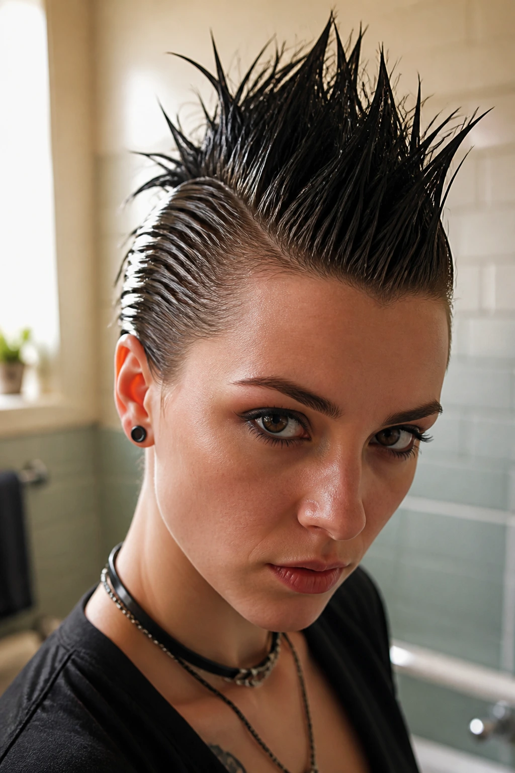 Close-up portrait of a real person with slicked-back sides and a spiky mohawk