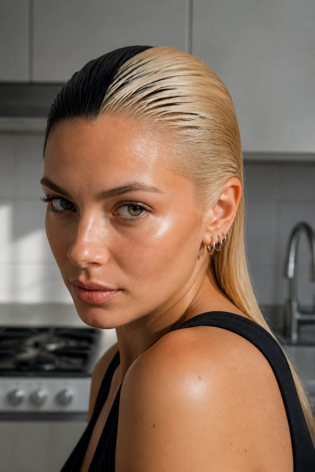 Close-up of a real person with a slicked-back wet-look hairstyle