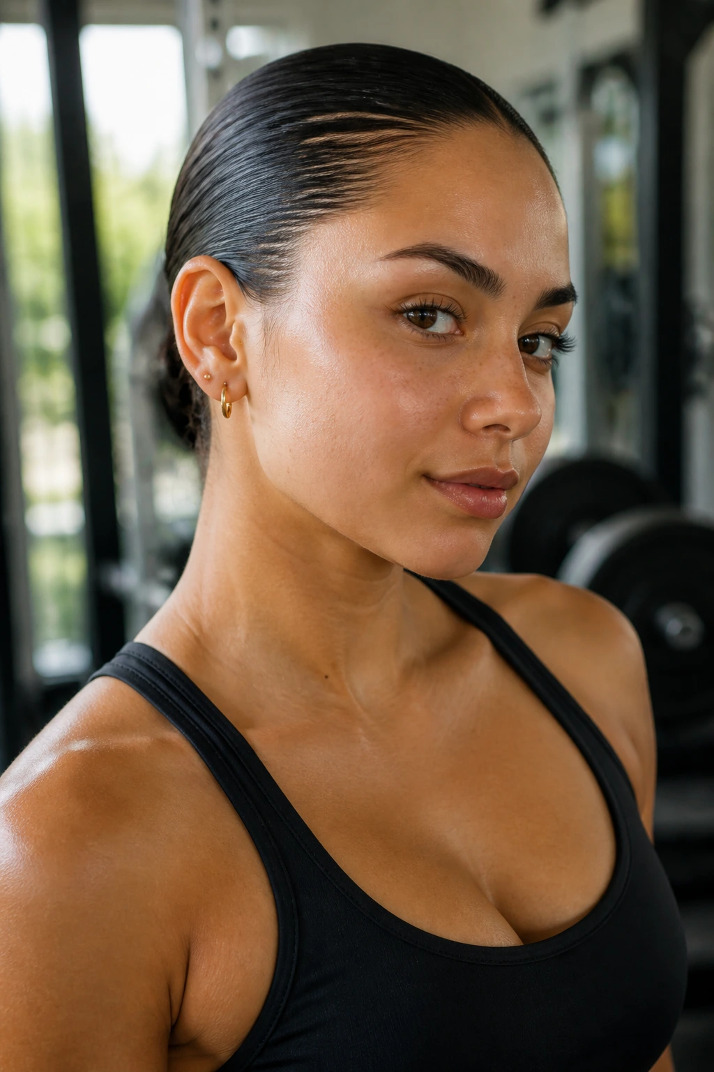 Close-up of a real woman with a slicked-back gym look.