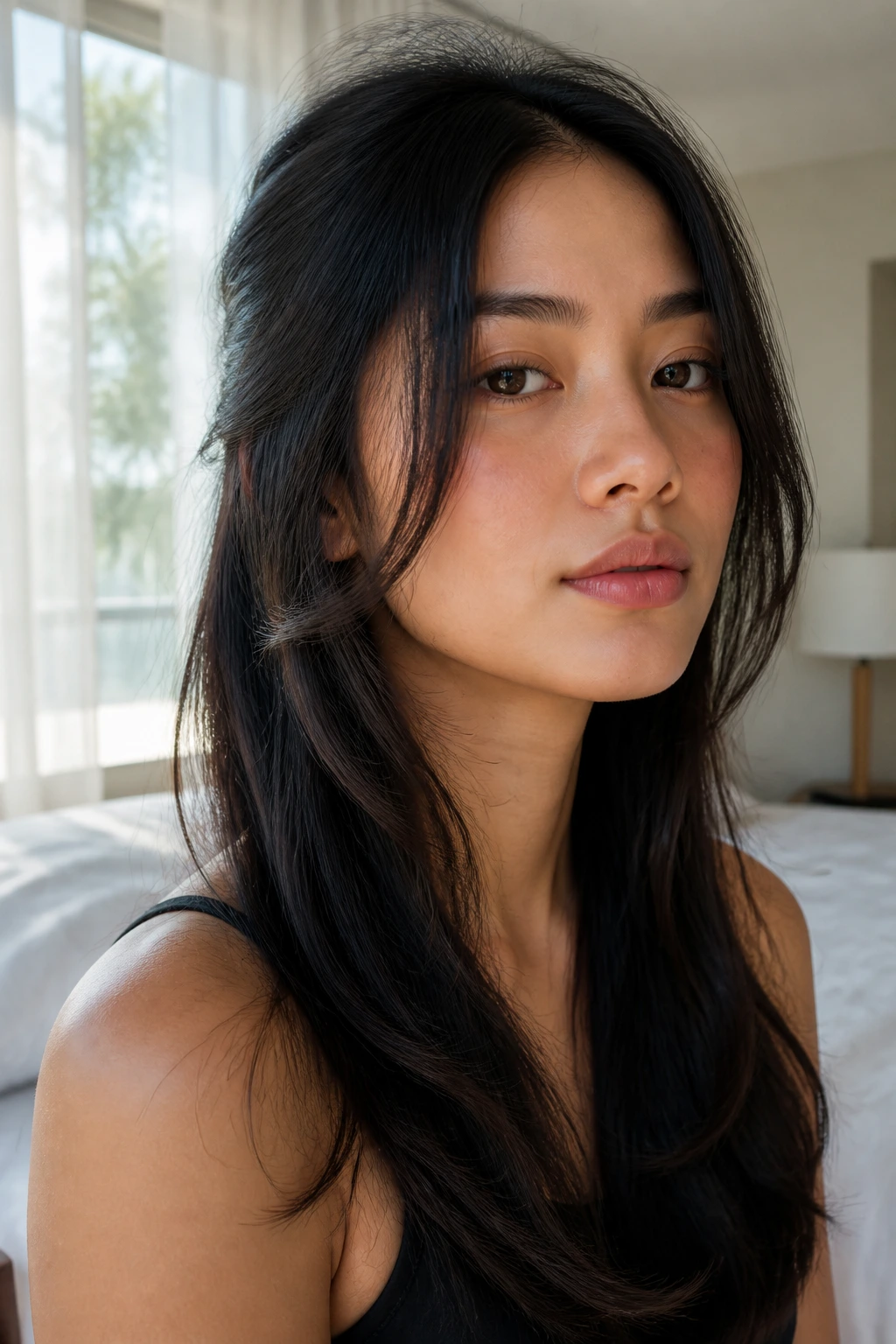 Close-up of a real woman with subtle face-framing slides around the jaw under natural light