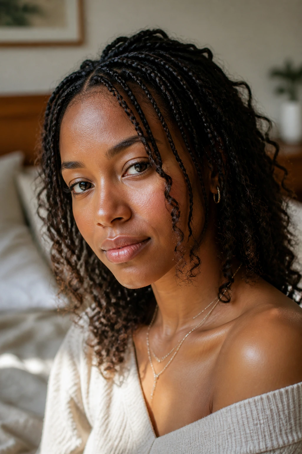 Close-up portrait of a woman with small braids among curls in a calm mood