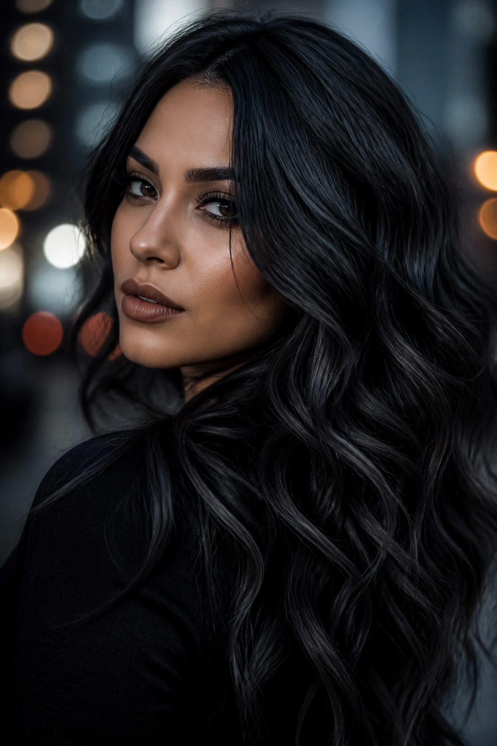 Latina woman with smokey charcoal hair tones in a moody portrait