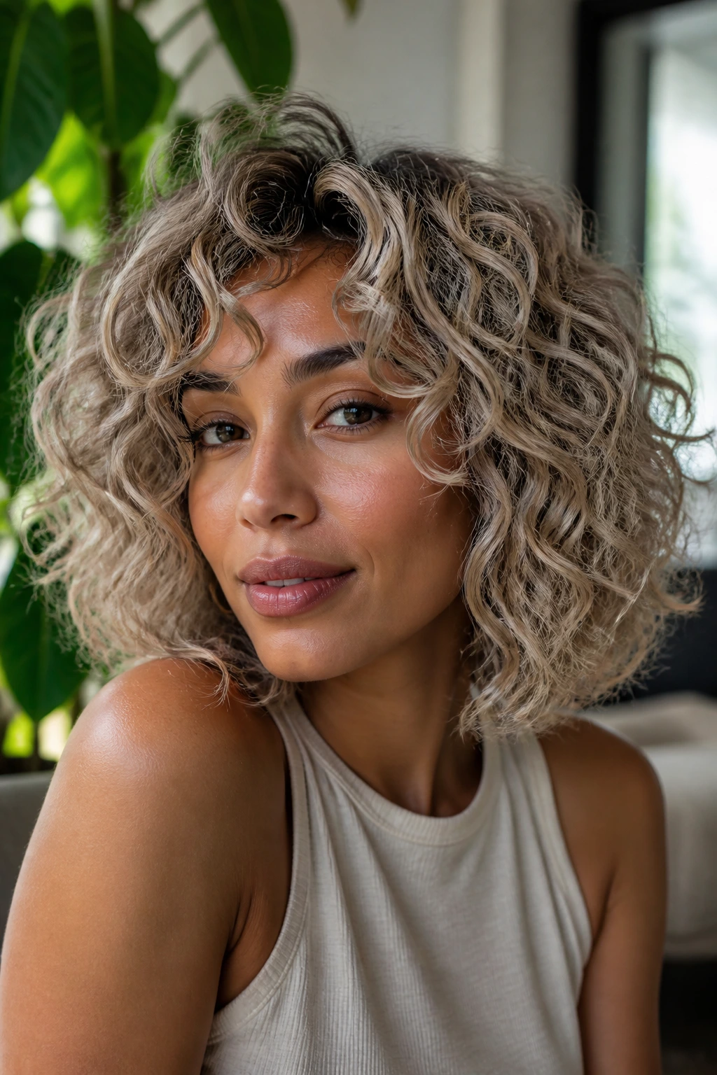 Close-up of a real woman with smoky blonde curly lob in natural window light