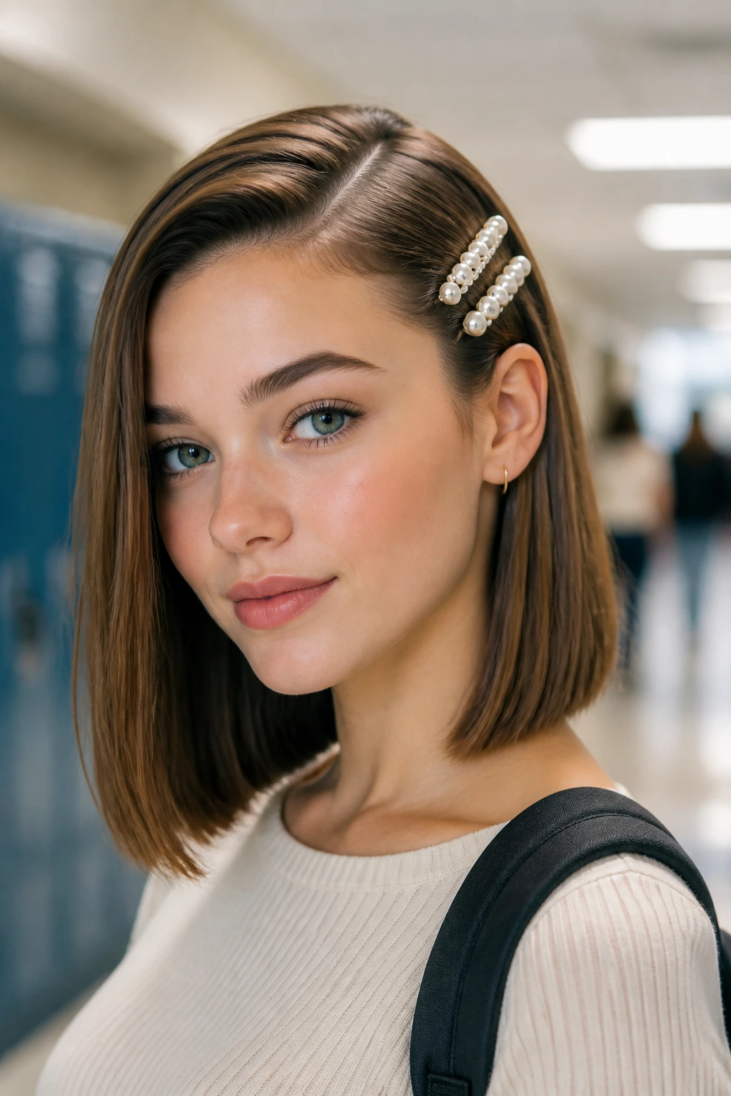 Close-up of smooth lob with deep side part and pearl clips on a real student