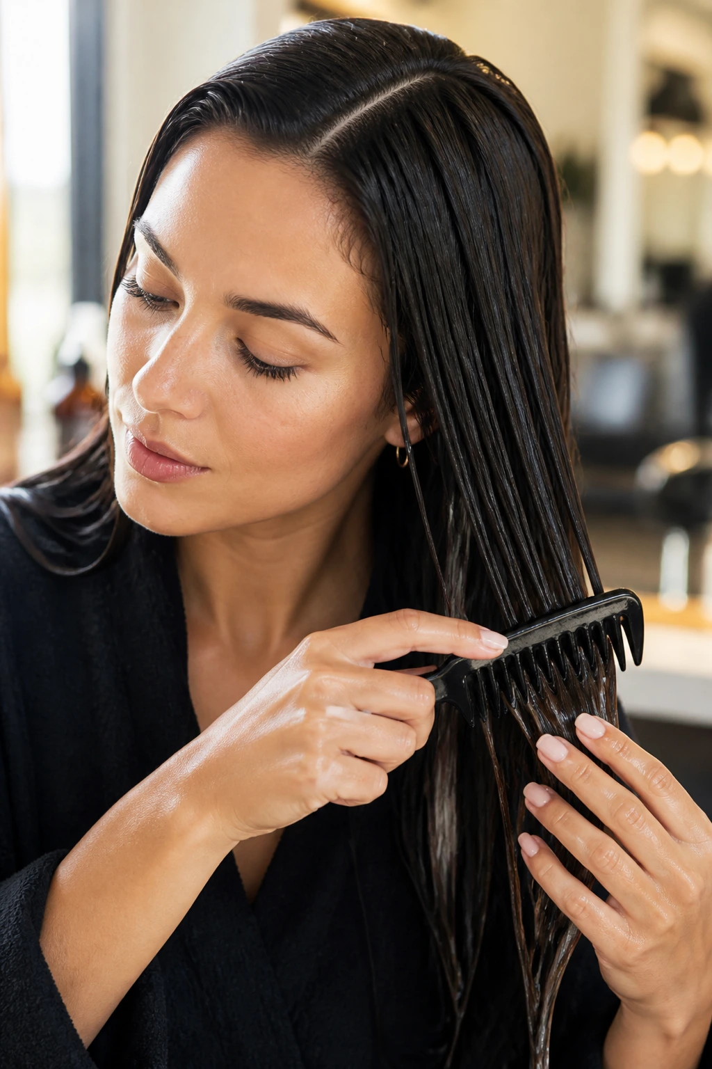 Close-up of a woman applying smoothing cream to damp hair in a salon