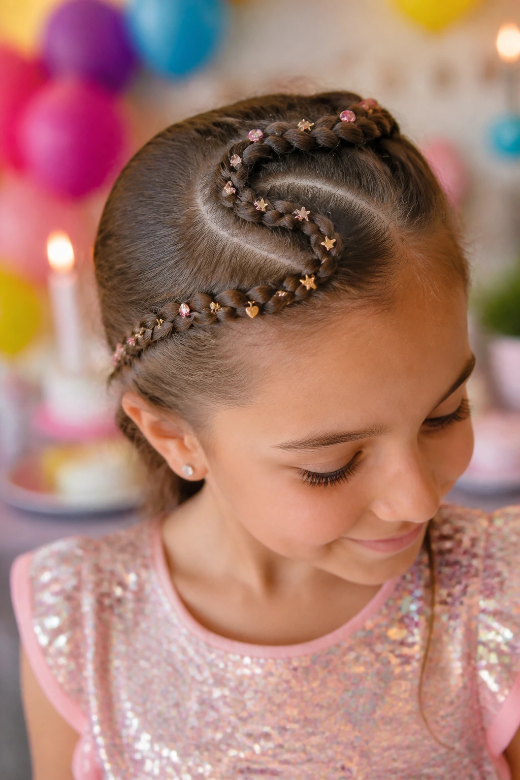 Close-up of a child with a snake braid across the head, charms in the braid