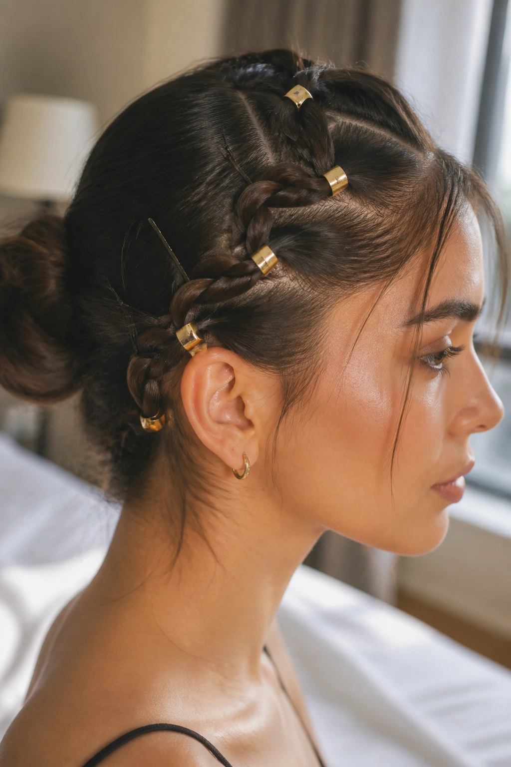 Close-up of a real woman with a snake braid and gold cuffs along the side of her head