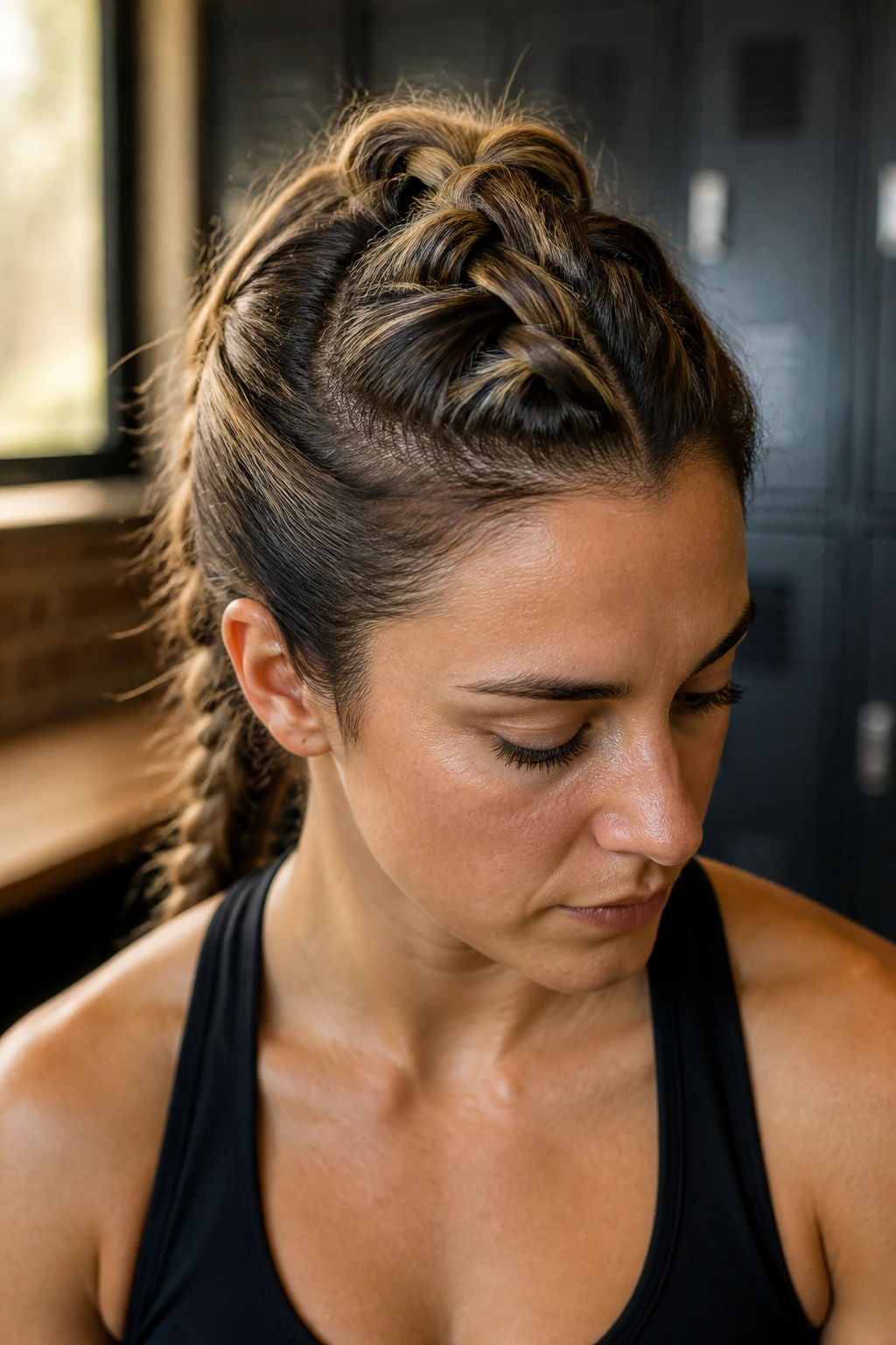 Close-up of a real woman with a snake braid in a gym setting