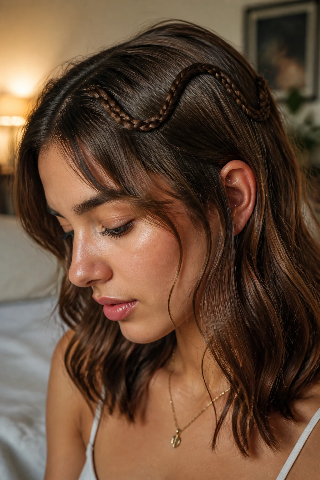 Close-up of a real woman with a serpentine snake braid across the crown in natural light