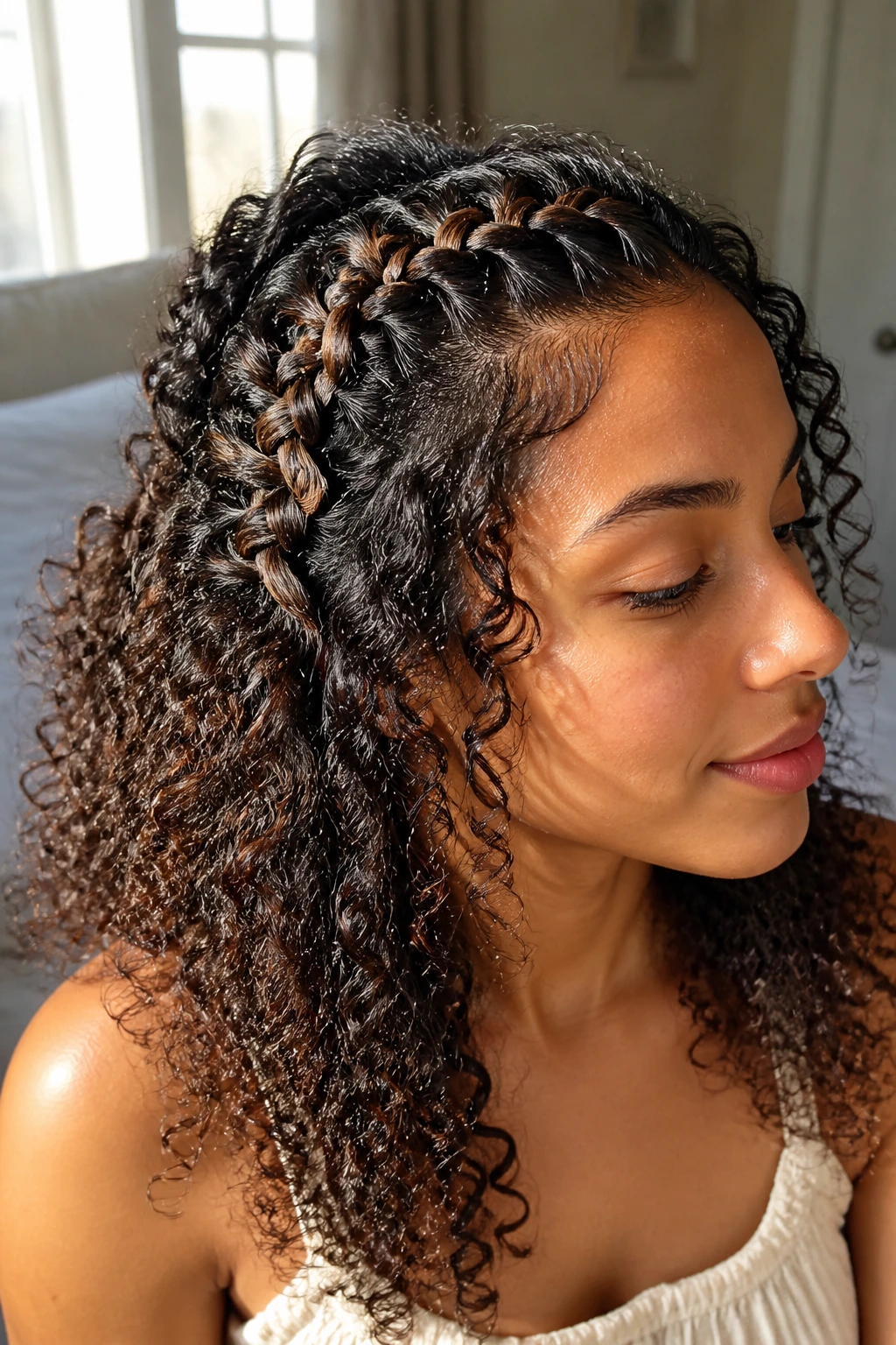 Close-up of a real woman with a loose snake braid half-up style over curly hair