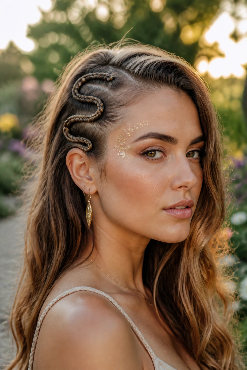 Close-up of a real person showing a snake braid along the temple with loose hair and a deep side part