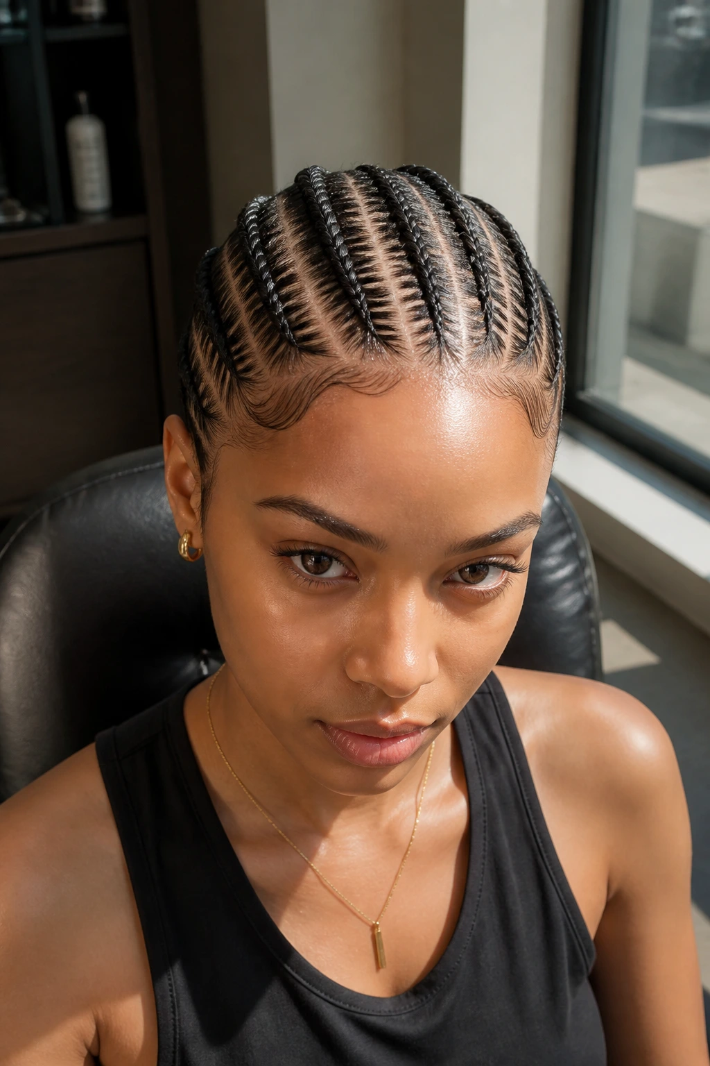 Close-up of a real woman with snake braids along the scalp
